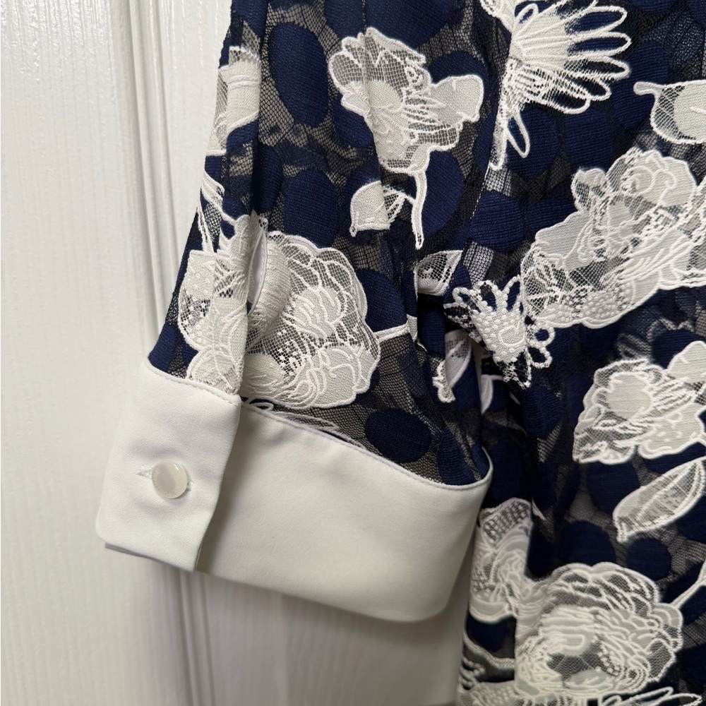 Anne Fontaine Christy Lace Blouse Navy Polka Dot Mesh Floral Shawl Collar L / 44 - Picture 5 of 16